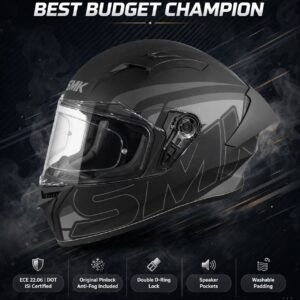 SMK Stellar Sports Stage Full FACE Helmet with PINLOCK Fited  PREMIUM MATT BLACK. ( ECE 22.06 / DOT / ISI )
