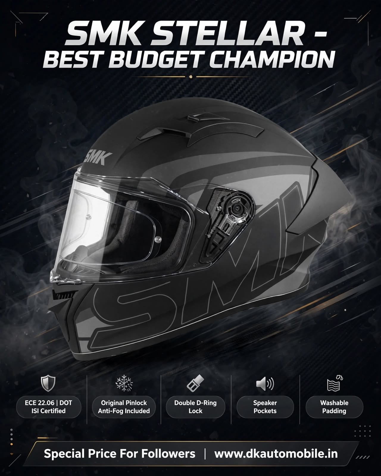 SMK Stellar Sports Stage Full FACE Helmet with PINLOCK Fited PREMIUM MATT BLACK. ( ECE 22.06 / DOT / ISI )